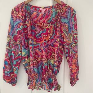 Lily Pulitzer women’s 100% silk Trisha top in Feelin Groovy